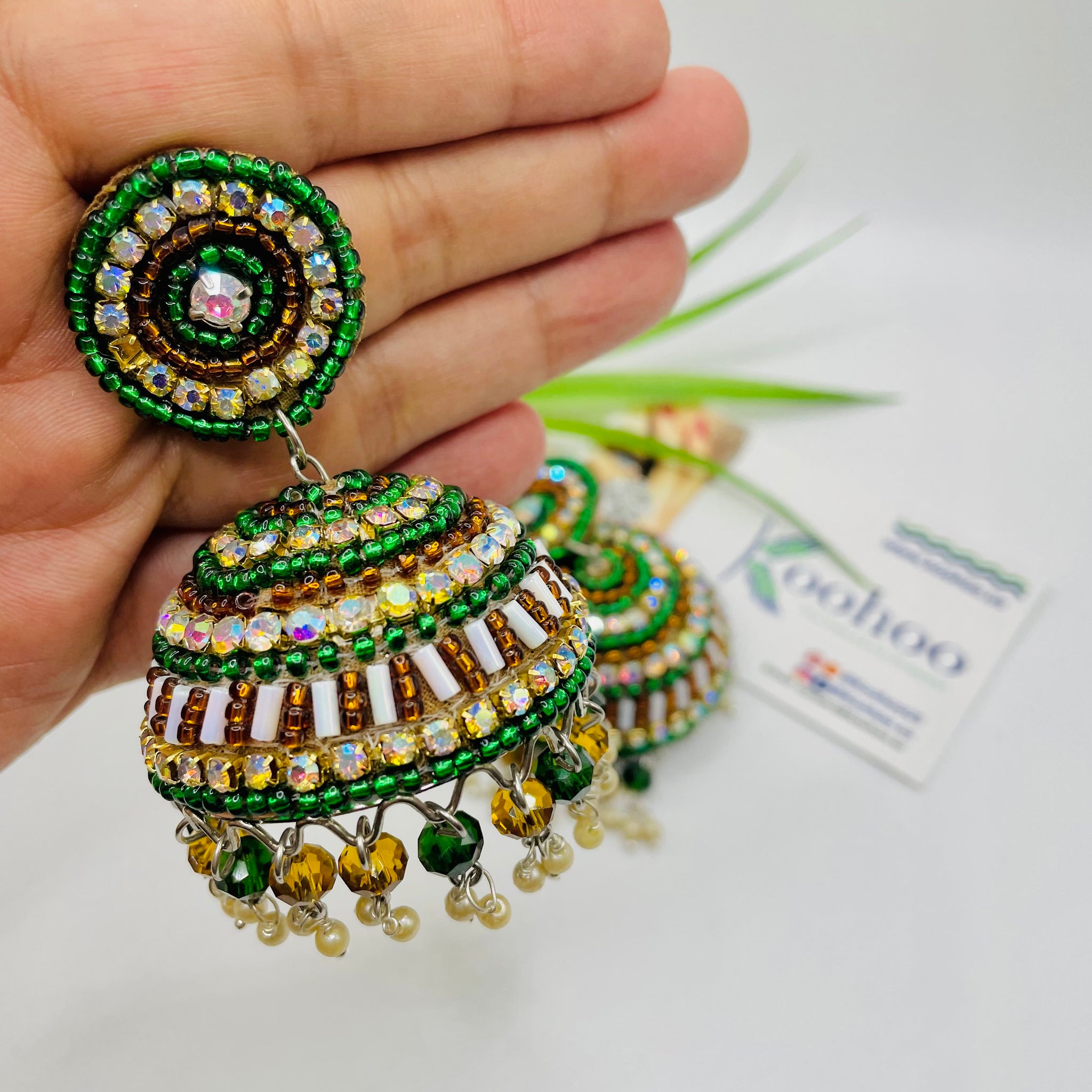 Afghani Beaded Jhumka Earrings Green