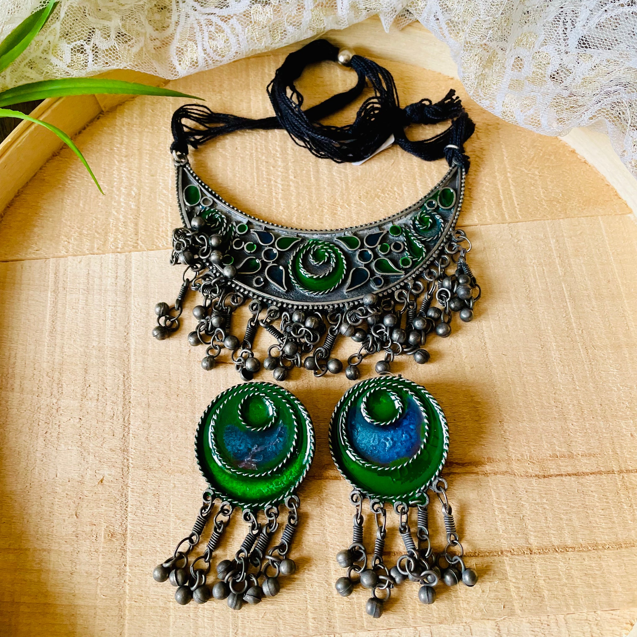 Green and Blue Indian Afghani Oxidized Necklace with matching earrings