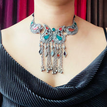 Red and Blue Indian Afghani Oxidized Necklace worn by a lady