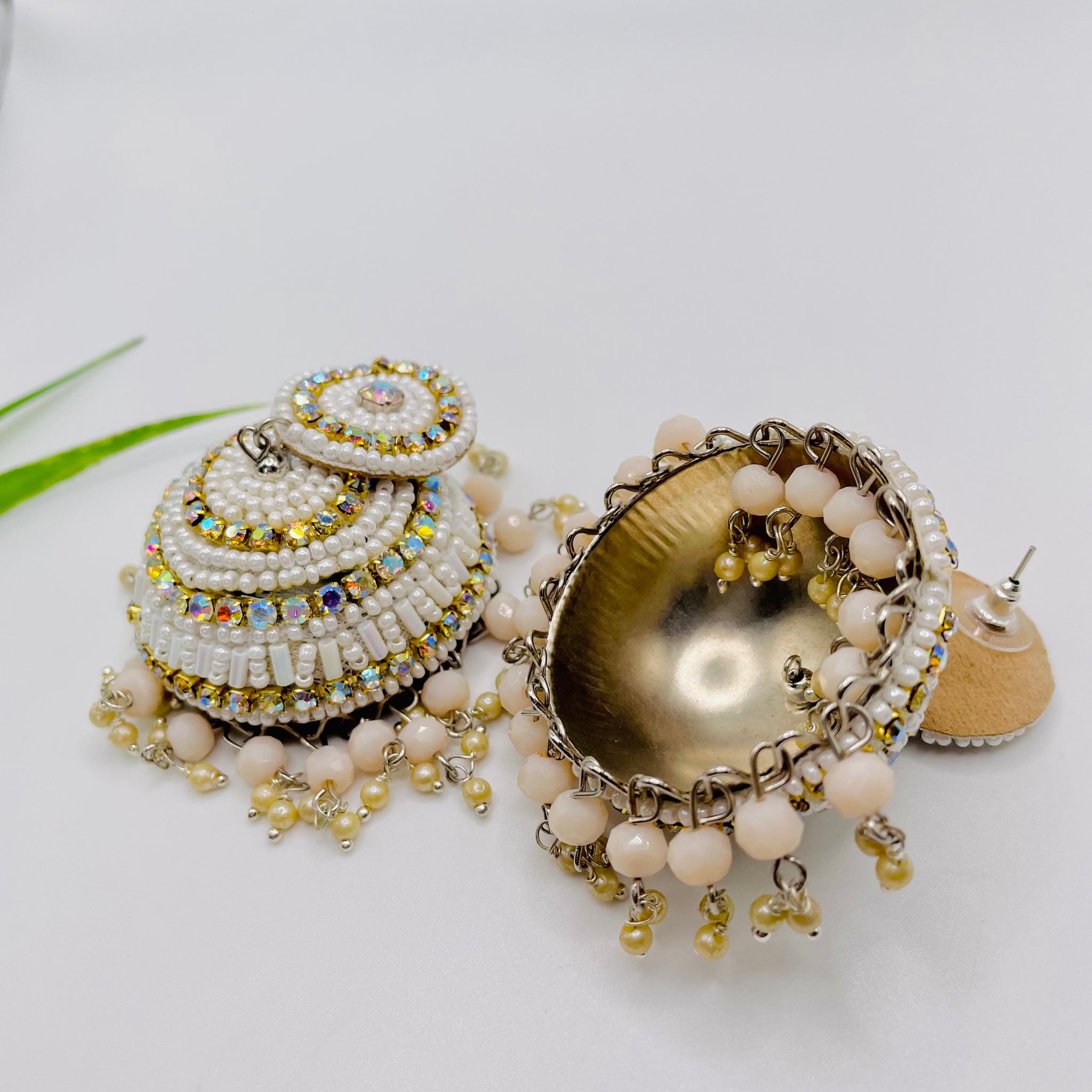 Afghani Beaded Jhumka Earrings White