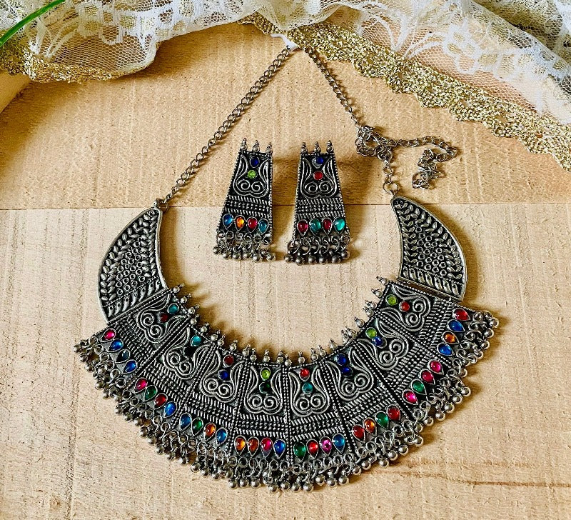 Multicolored Indian Afghani Oxidized Necklace with matching earrings