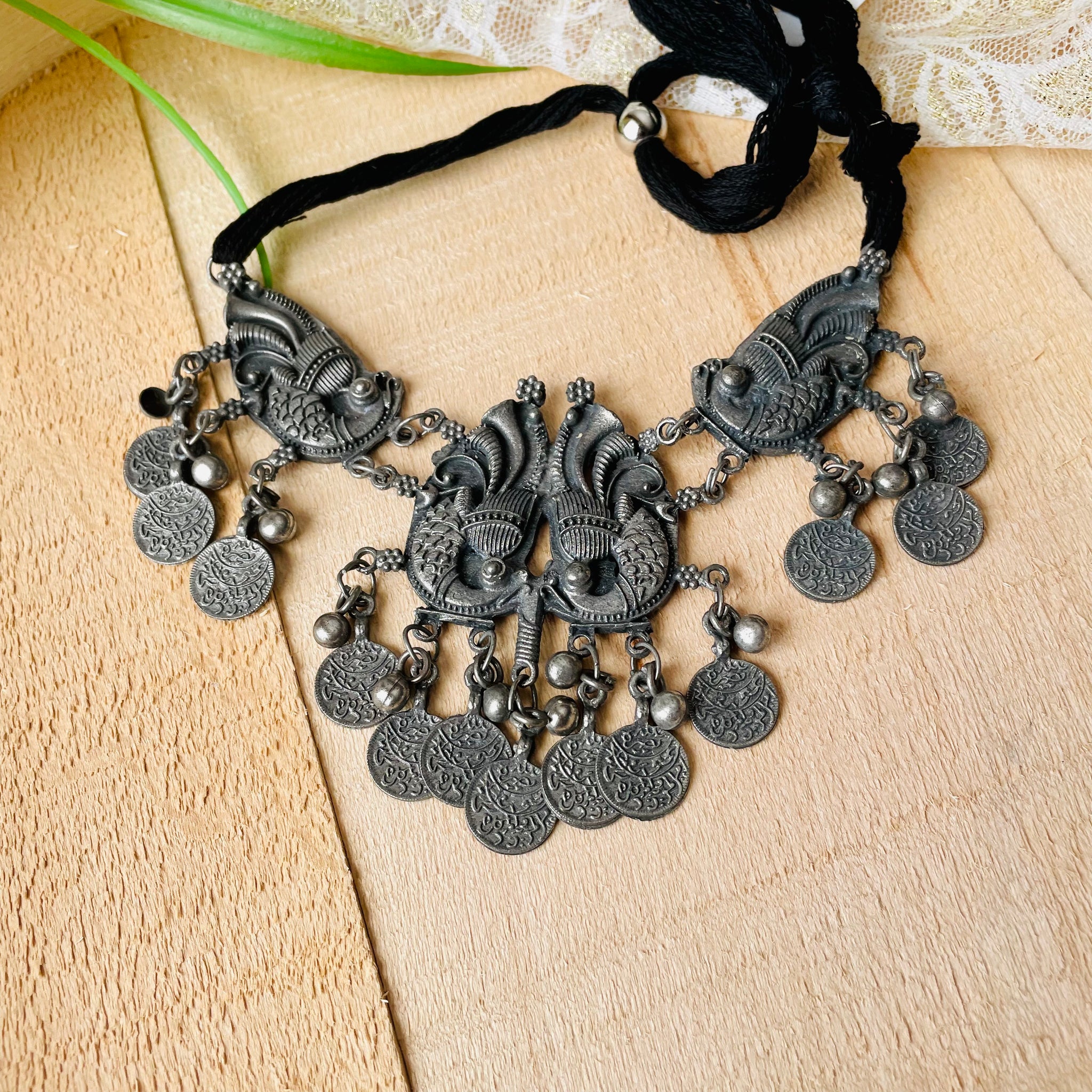 Oxidized Drop Coin Necklace Set