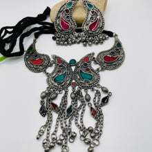 Red and Blue Indian Afghani Oxidized Necklace with matching earrings