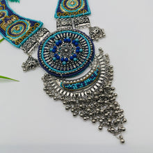 Dark and sky blue Indian Afgani Oxidized Necklace Closeup