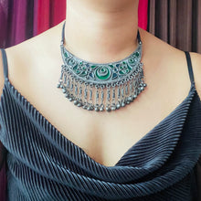 Red and Blue Indian Afghani Oxidized Necklace worn by a lady